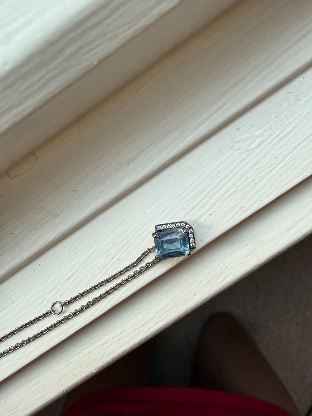 Pandora Emerald Cut Blue Crystal Pendant Necklace with Diamond Halo